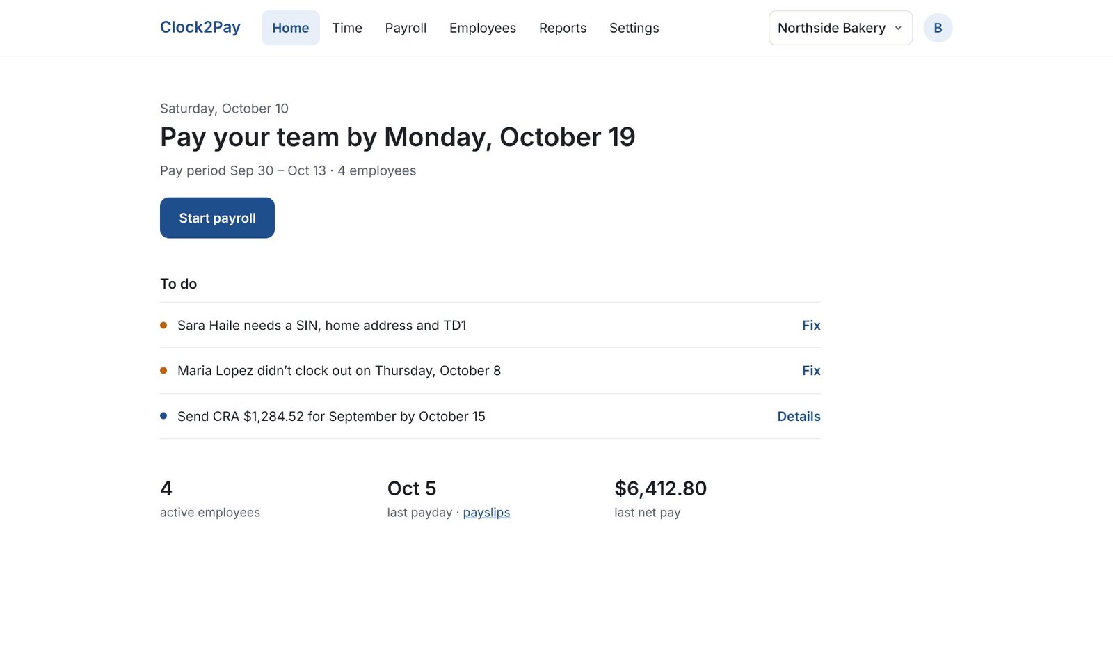 Clock2Pay screen: Home: what to do next