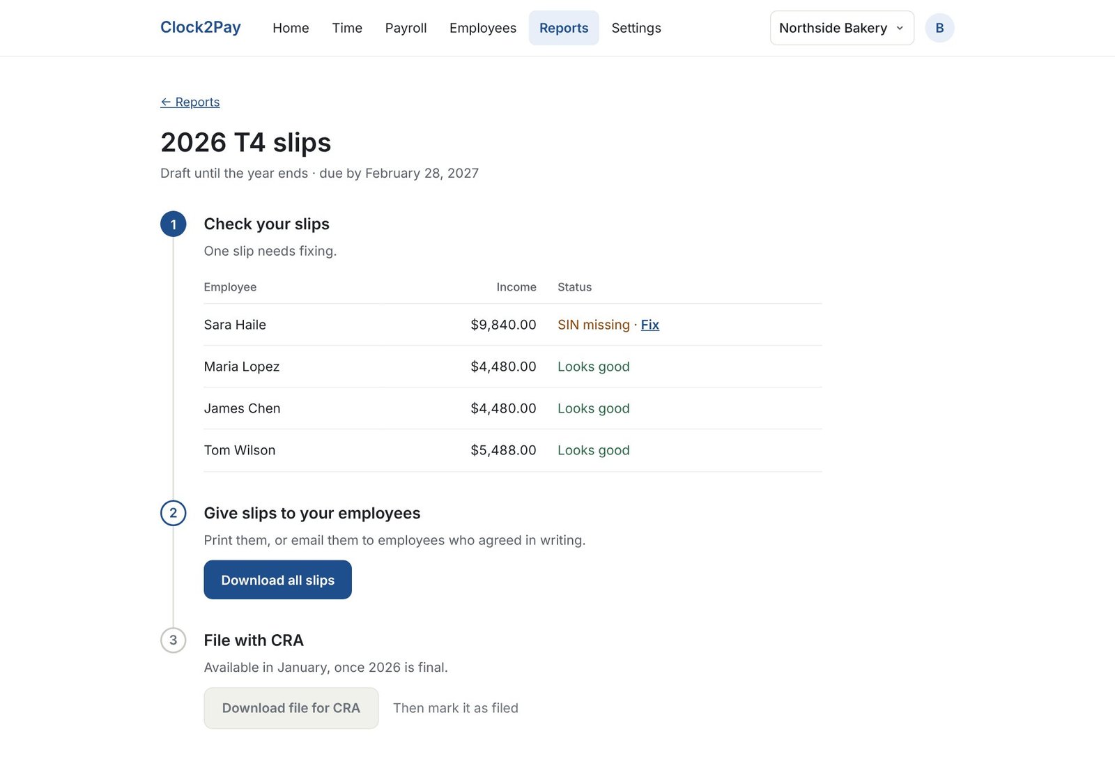 Clock2Pay screen: Year-end T4s